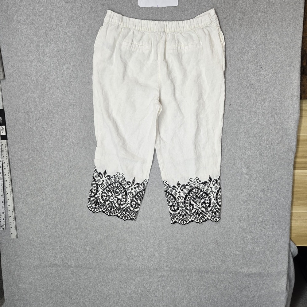 Chico's Women Pants‎ US 12P White Linen Embroidered Capri Paisley Coastal Beach